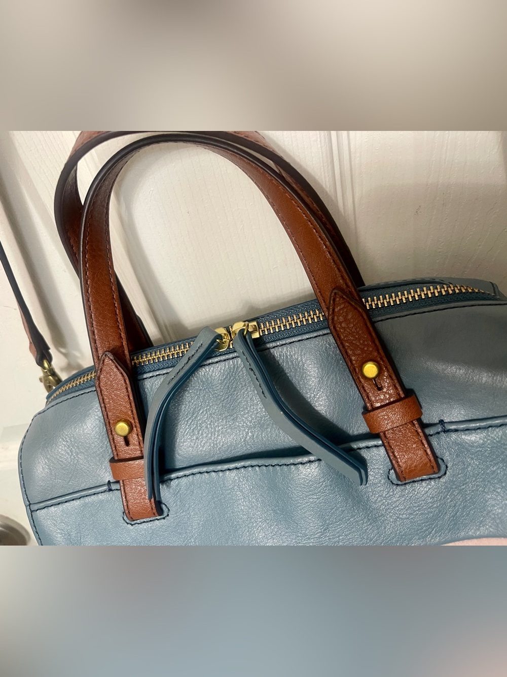 FOSSIL RACHEL 2-Tone Twilight Blue Leather Convertible Satchel Crossbody Bag - Picture 7 of 16